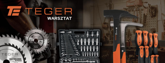 Linia narzędzi Teger Extreme: dwie łopaty z białymi ostrzami i pomarańczowymi uchwytami, trzy siekiery różnej wielkości z czarnymi trzonkami i pomarańczowymi uchwytami, oraz jeden topór, wszystkie na tle tekstury drewna i metalowej siatki. Logo Teger Extreme widoczne w środku zdjęcia.