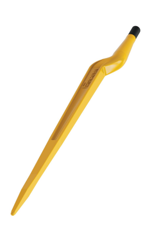 Żółty łom z logo Waryński, wykonany ze stali z ergonomicznym uchwytem i czarną końcówką
